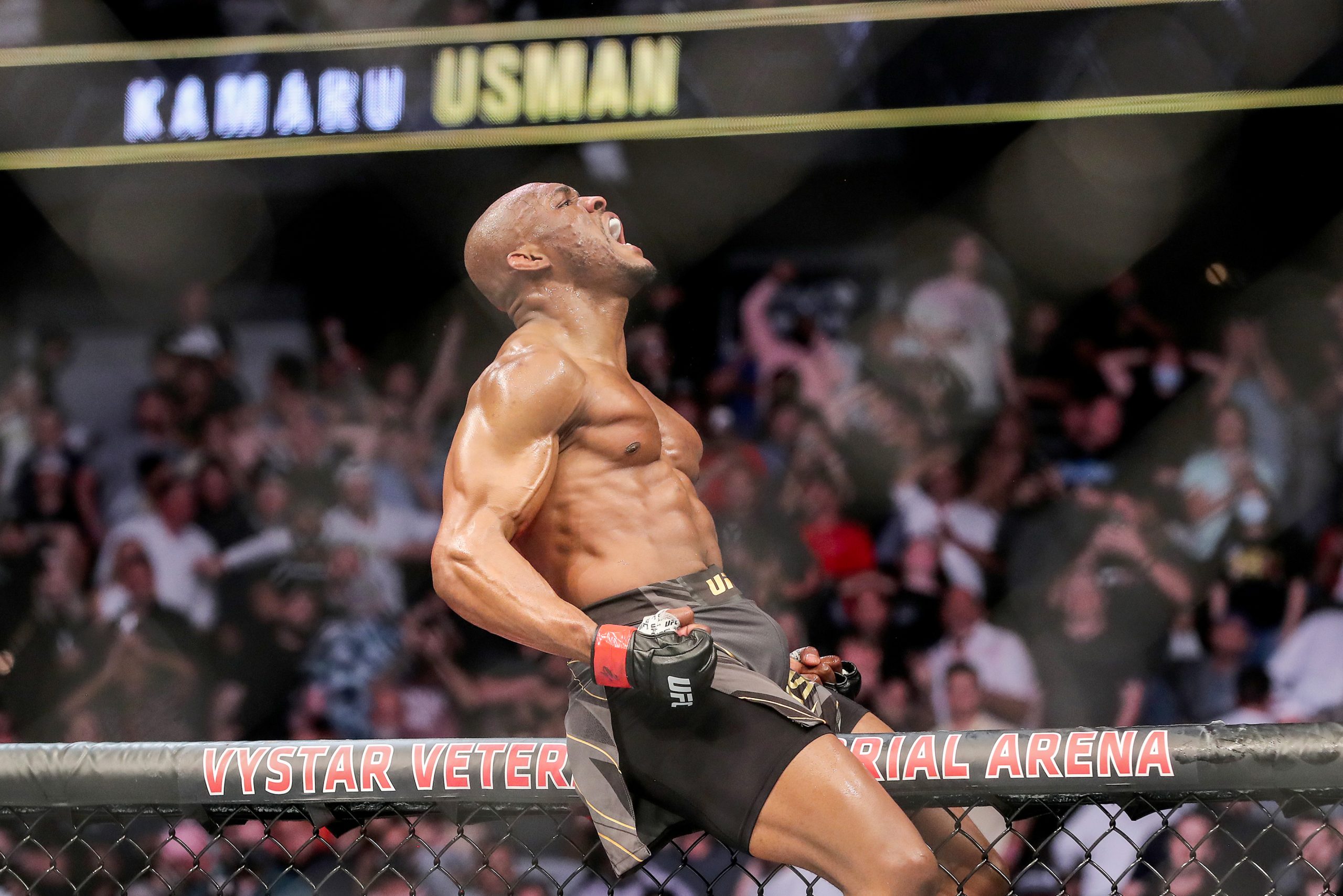 Kamaru Usman celebrating