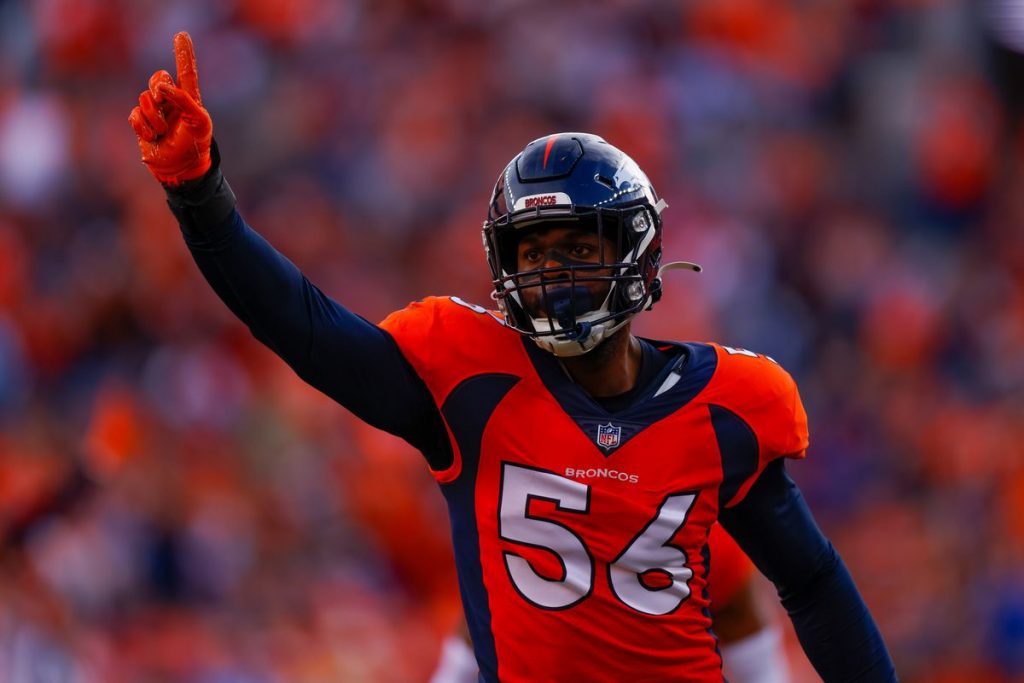 Denver Broncos linebacker Baron Browning (56) during the first half of an  NFL football game against the Las Vegas Raiders, Sunday, Oct 2, 2022, in  Las Vegas. (AP Photo/Rick Scuteri Stock Photo - Alamy