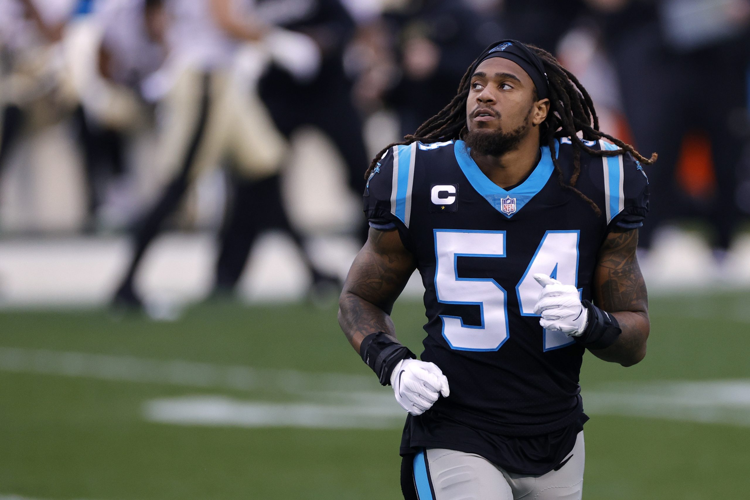 Carolina Panthers linebacker Shaq Thompson (7) reacts after making a play  on defense during an NFL football game against the Atlanta Falcons,  Thursday, Nov. 10 2022, in Charlotte, N.C. (AP Photo/Brian Westerholt