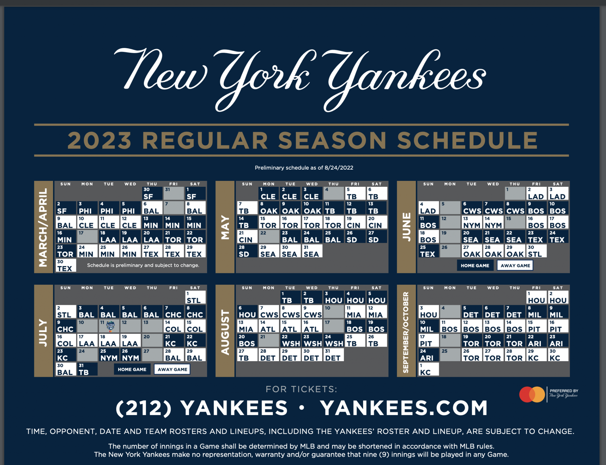 New York Yankees Printable Regular Season Schedule - 2023 - yebscore.com
