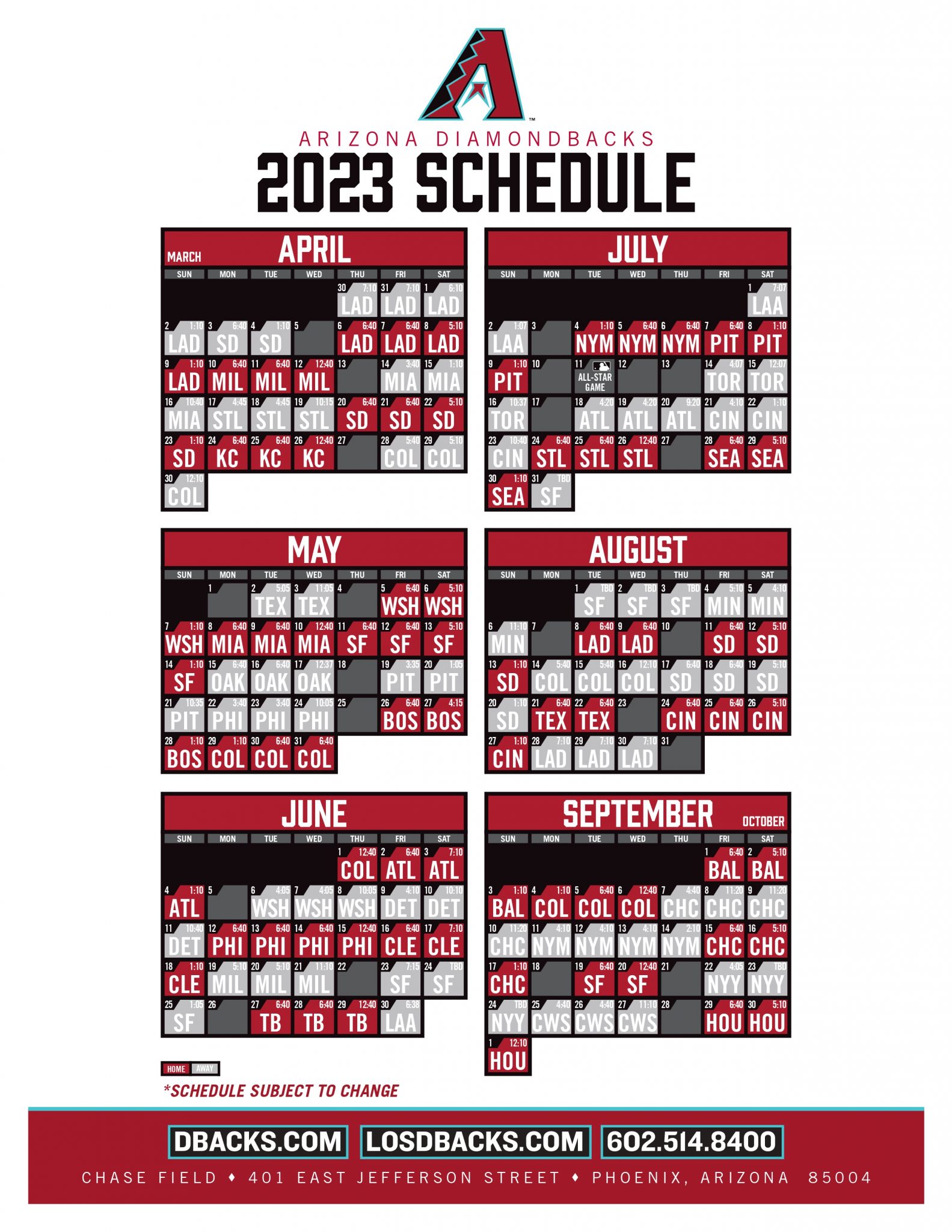 Arizona Diamondbacks Printable Regular Season Schedule 2023