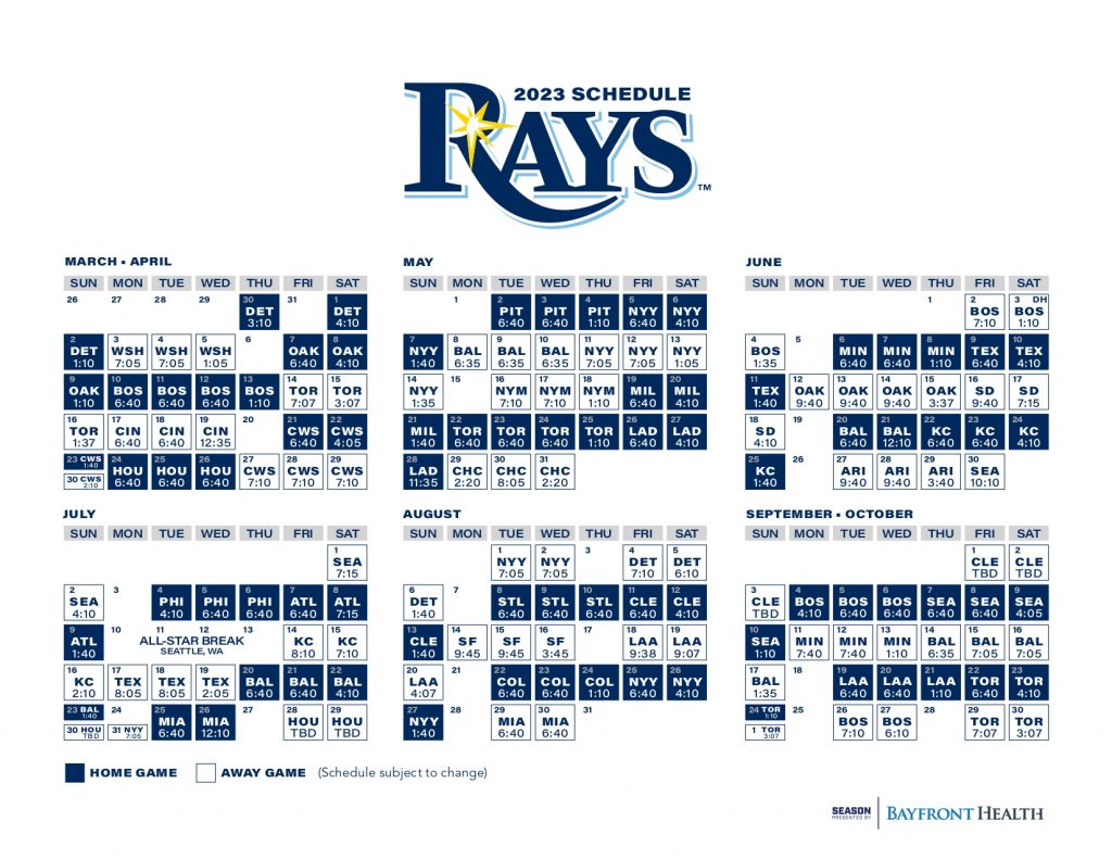 Tampa Bay Rays Printable Regular Season Schedule – 2023 - yebscore.com