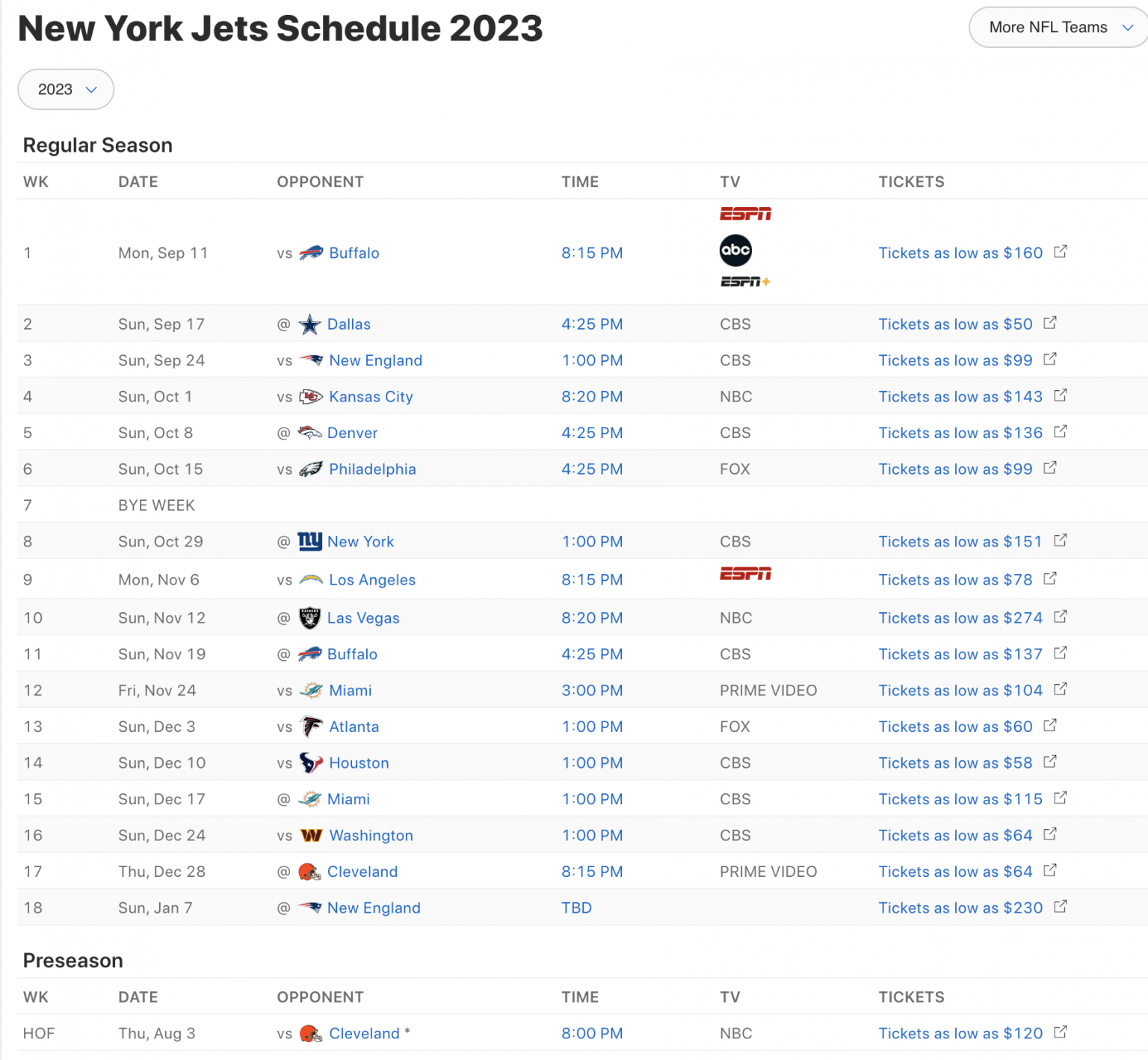 NFL 2023 New York Jets Printable Schedule: Date, TV Streaming & Time