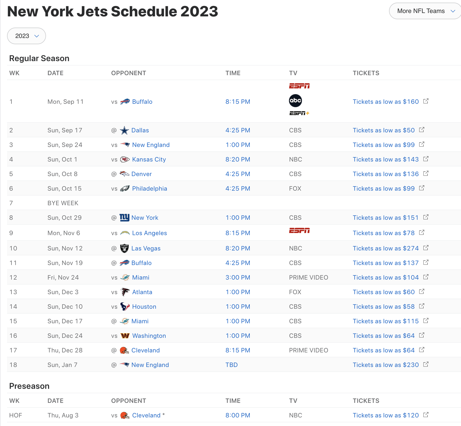 New York Jets NFL 2023 Schedule 