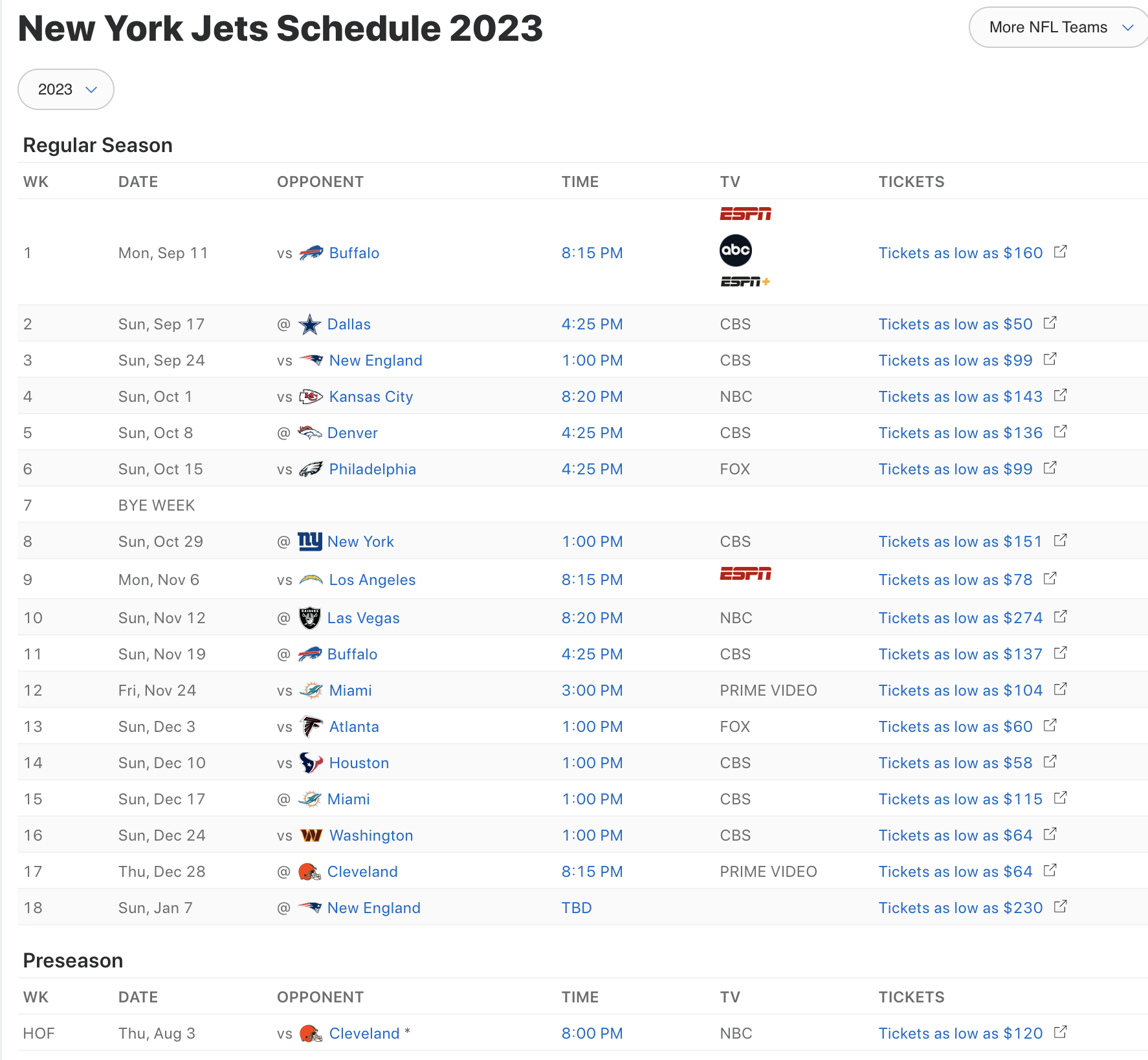 NFL 2023 New York Jets Printable Schedule Date TV Streaming Time