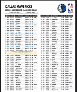 NBA Dallas Mavericks: Printable Schedule Regular Season 2023-24